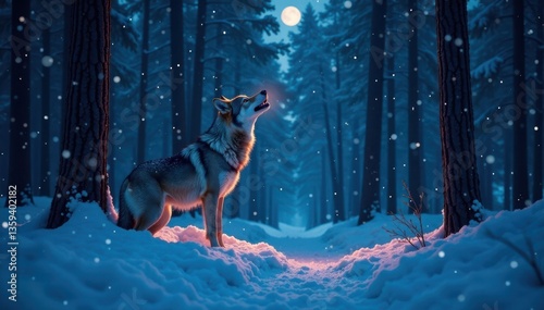 A Lone Howling Wolf in the Snowy Forest at Night, landscape, animals