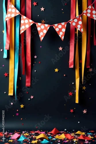 A messy arrangement of flowing streamers and crepe paper banners against a sleek black backdrop, chaotic, event, party