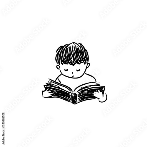 Charming vector illustration of young boy engrossed in reading book. Perfect for themes of education, literacy, and childhood. Ideal for children's content or educational materials.
