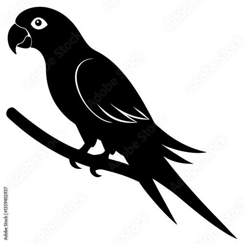 A vector silhouette of a parrot perched on a branch, 