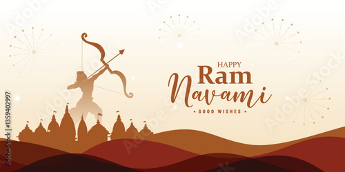 Happy Ram Navami wishes or greeting sunset social media indian banner or poster design with bow or mountain vector illustration