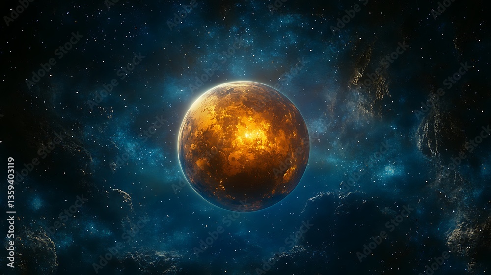 Obraz premium Fiery Planet in Starry Space, A fiery planet with glowing orange surface against a starry space background
