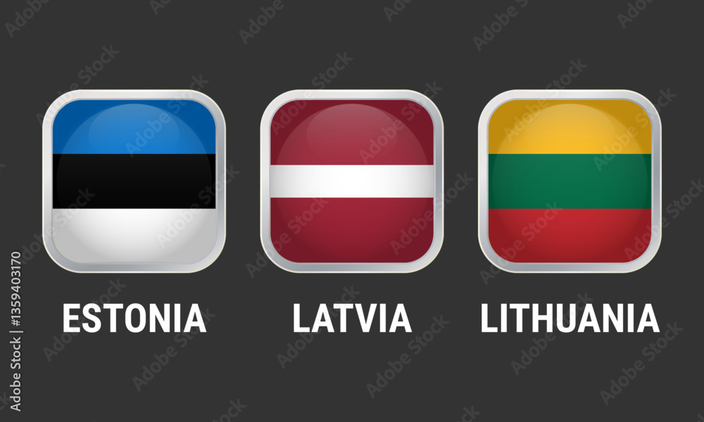 The Baltic states flag icons. Set of rectangular icons with rounded corners representing the flags of the Baltic countries Latvia, Lithuania and Estonia.