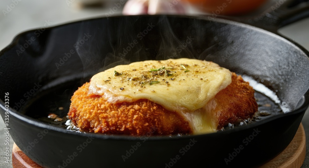 Breaded chicken breast topped with melted cheese in cast iron skillet Breaded chicken breast topped with melted cheese in cast iron skillet