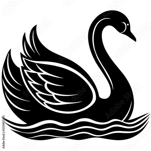 A vector silhouette of a swan gliding gracefully on water, 