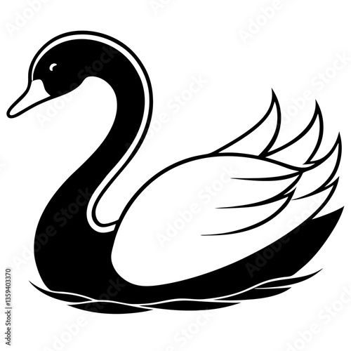 A vector silhouette of a swan gliding gracefully on water, 