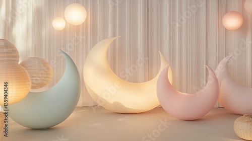 A group of neutral-toned ceramic crescent shapes glowing in pastel hues surrounded by matte-finished abstract lanterns on a modern styled background