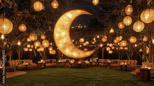 A grass-covered outdoor terrace decorated with grand hanging lanterns glowing in amber hues