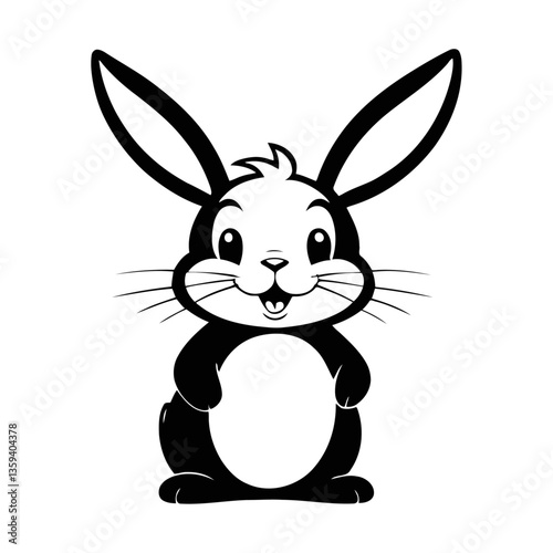 A sleek black and white vector illustration of a fluffy bunny with its nose sniffing an Easter egg on a white background