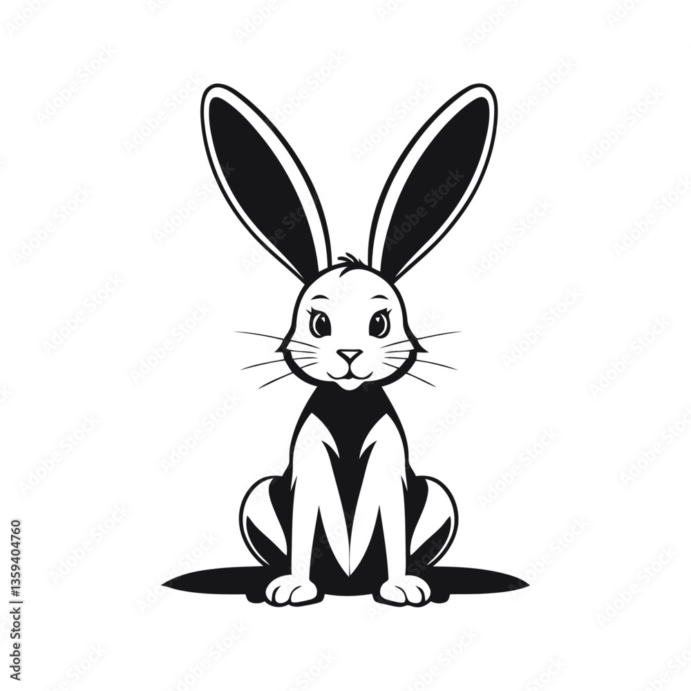 Fototapeta premium A black and white vector silhouette of a cheerful rabbit with long ears standing beside an Easter basket on a white background