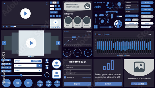 A set of interface elements for apps and websites with a modern design: buttons, menus, charts, and sliders, perfect for finance, business, and multimedia with colorful accents.