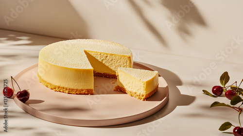 Light and high soft lemon traditional cheesecake on a pinkish plate, garnished with cherries and leaves. Perfect summertime dessert.