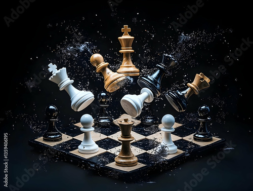 Dynamic Chess Game Explosion Black And White Pieces Flying