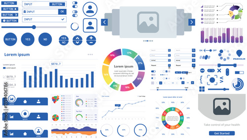 A set of interface elements for apps and websites with a modern design: buttons, menus, charts, and sliders, perfect for finance, business, and multimedia with colorful accents.