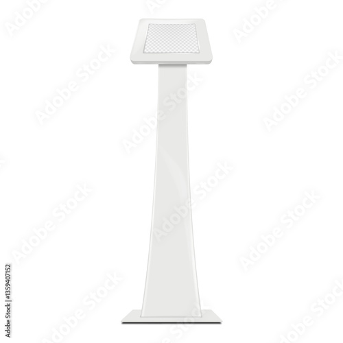 Floor digital tablet kiosk with transparent screen. 3d mockup. iPad display stand. Realistic vector mock-up. Computer monitor podium holder. Template for design
