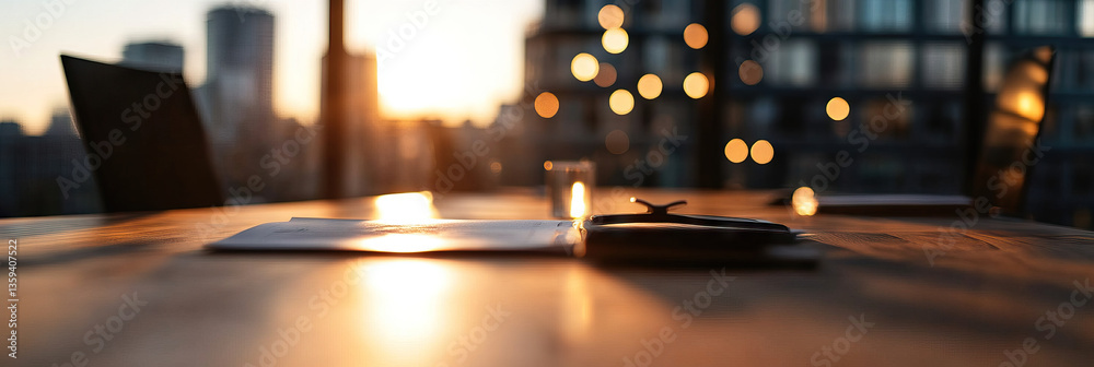 Documents and Notebook on Wooden Table at Sunset