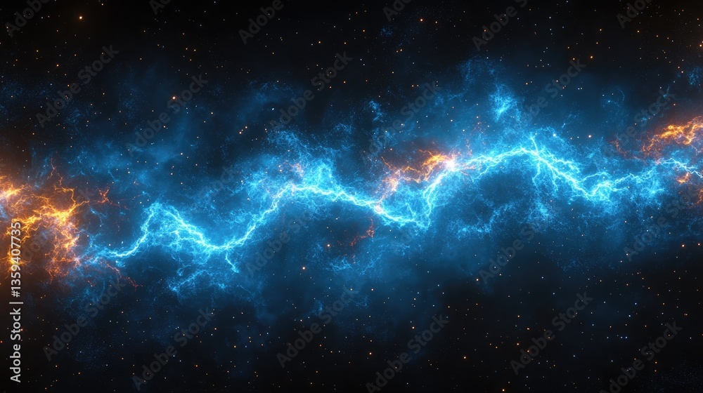 Obraz premium Cosmic Lightning Bolt: Witness a breathtaking display of cosmic energy, with a brilliant blue lightning bolt illuminating the inky darkness, creating a sense of awe and wonder. 