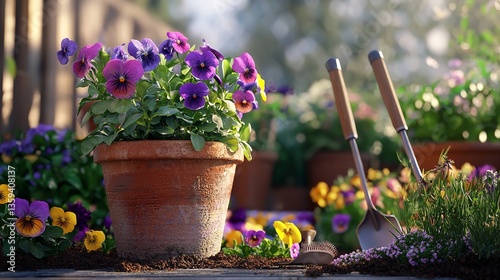 Vibrant pansy planting in flowerpots with gardening tools.
