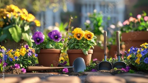 Vibrant pansy planting in flowerpots with gardening tools.
