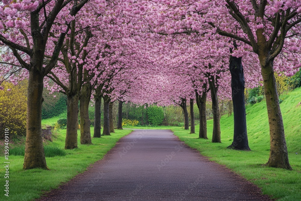 Naklejka premium Dunfermline Park: Cherry Blossom Trees in Spring Landscape