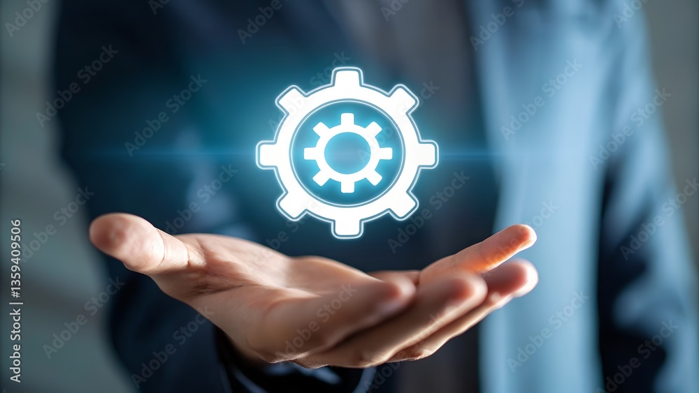 Automatic control system with modern technology for business management, businessman hand touching gears icon showing automation software operation Automatic control system with modern technology for business management, businessman hand touching gears icon showing automation software operation