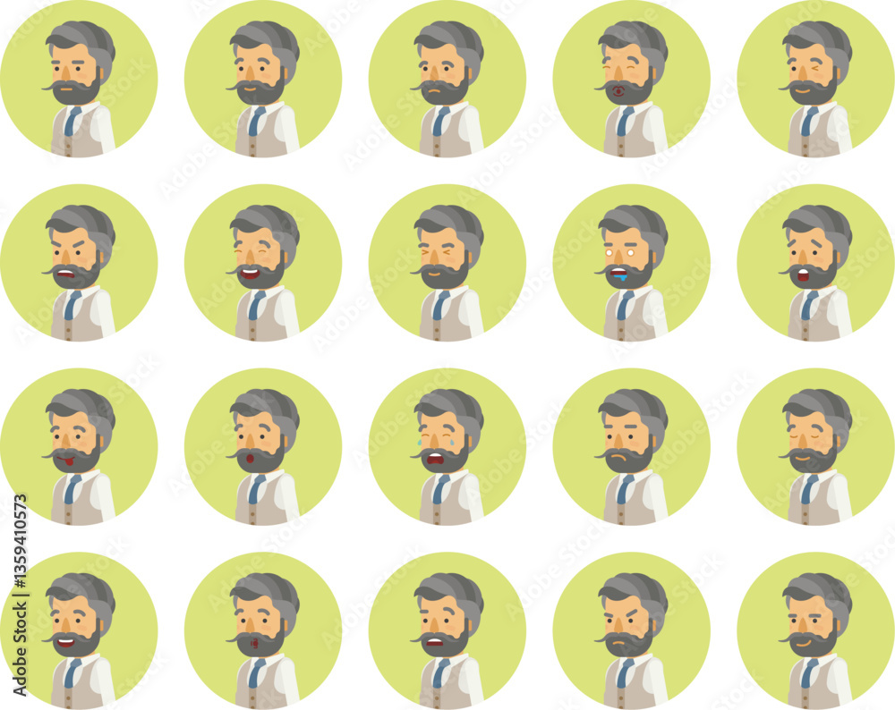 Vector young adult man avatars and emoticons set in flat style, side view. Vector young adult man avatars and emoticons set in flat style, side view.