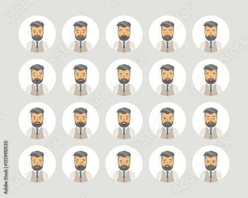 Vector young adult man avatars and emoticons set in flat style, front view.