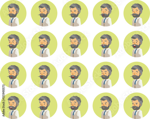 Vector young adult man avatars and emoticons set in flat style, side view.