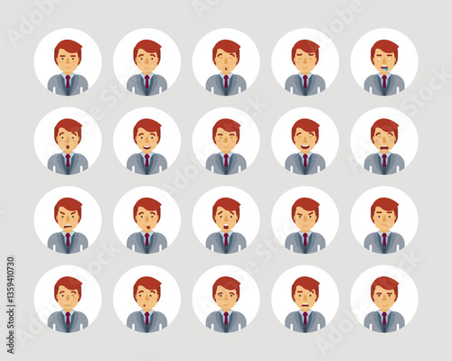 Vector young adult man avatars and emoticons set in flat style, front view.
