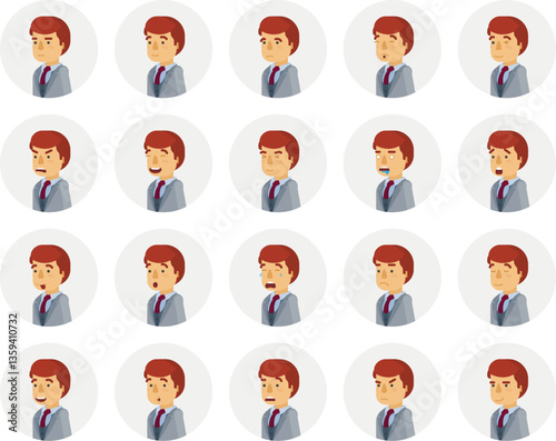 Vector young adult man avatars and emoticons set in flat style, side view.