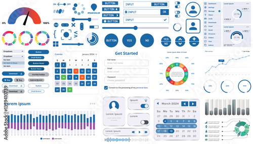 A set of modern interface elements for apps and websites: buttons, graphs, charts, and menus, perfect for business, dashboards, and responsive layouts.