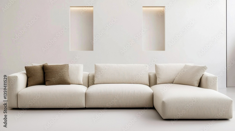 Fototapeta premium Modern minimalist lounge, milk tone heavy sofa, recessed square detail in wall with glow, soft atmosphere