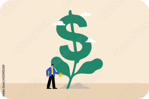 Investing for Growth: Man Nurtures Dollar Sign Plant, Symbolizing Financial Prosperity and Success.
