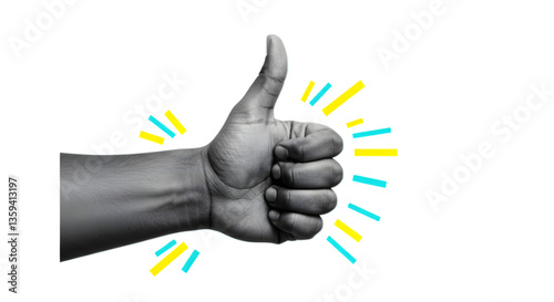Thumbs-Up Hand Gesture in Black and White Collage art Effect on Transparent Background