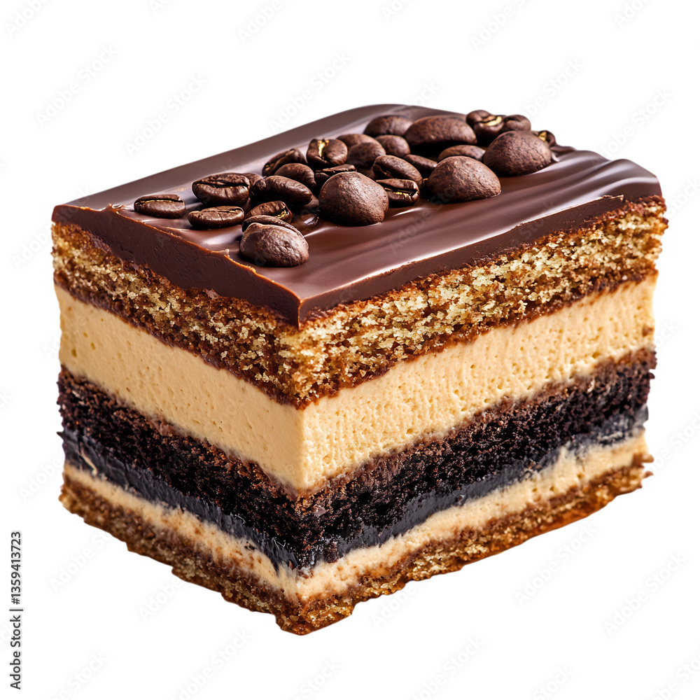 A Rich Opera Cake Slice with Layers of Almond Sponge Isolated on Transparent Background A Rich Opera Cake Slice with Layers of Almond Sponge Isolated on Transparent Background