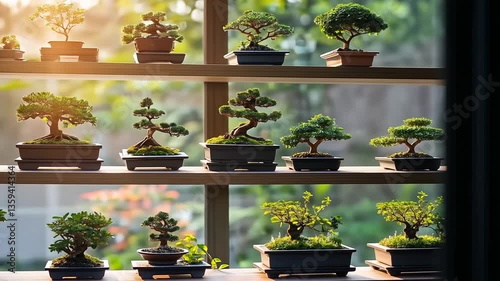 Collection of Miniature Bonsai Trees on Wooden Shelves near Window, bathed in Sunlight