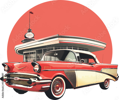 An isolated retro diner scene car on white background, Vector, PNG, T-shirt design