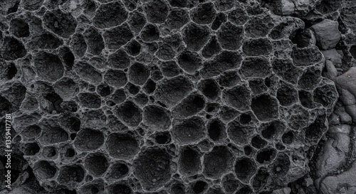 Intricate dark rock texture with pitted surface.