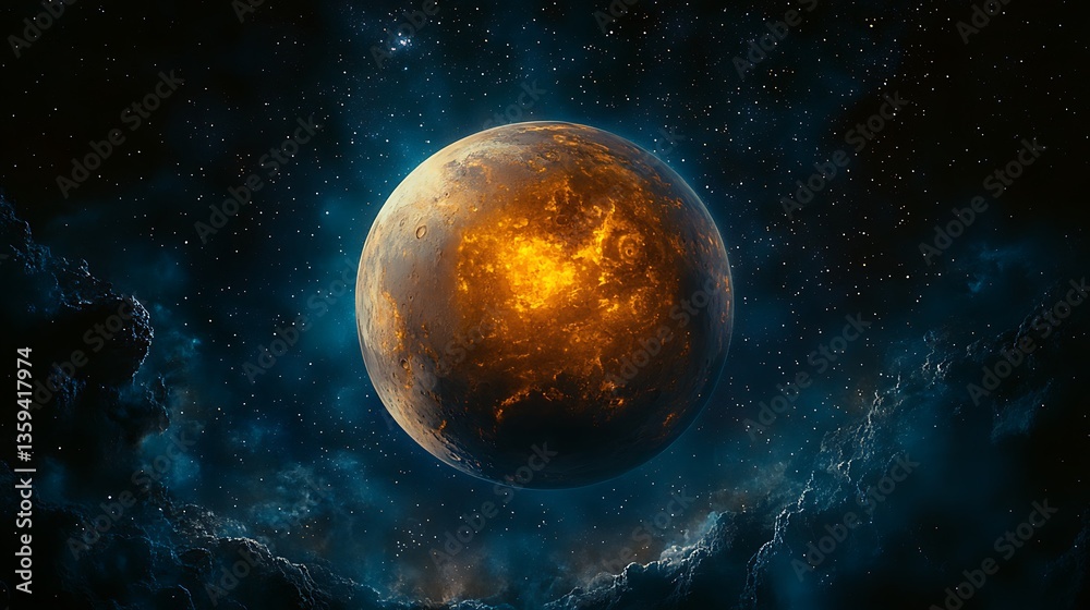 Fototapeta premium Glowing Fiery Planet in Space, A glowing, fiery planet in space with a starry background