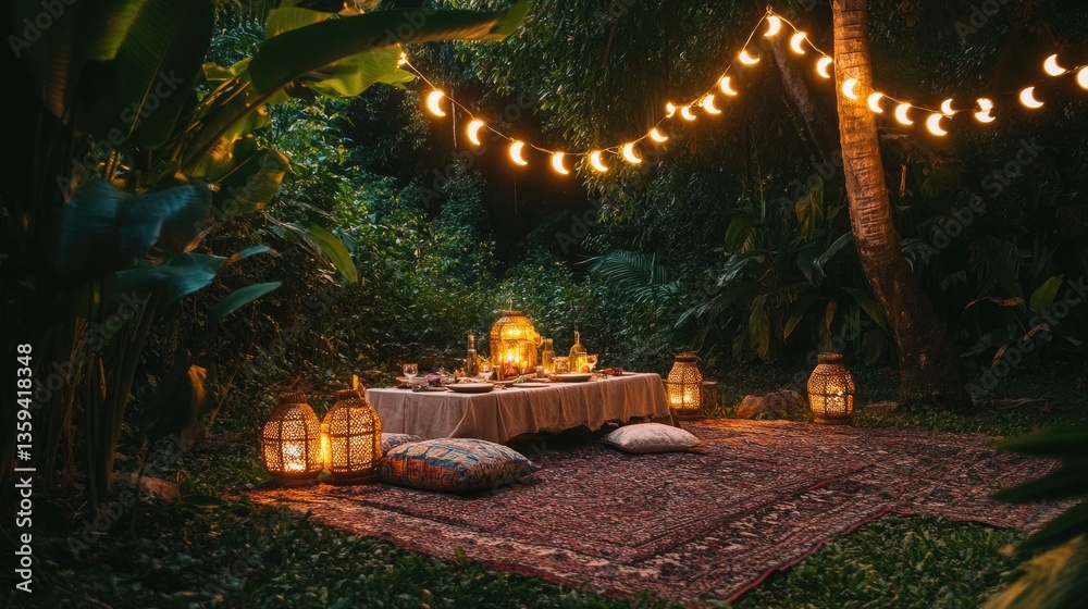 Fototapeta premium A picnic laid out under glowing crescent-shaped string lights