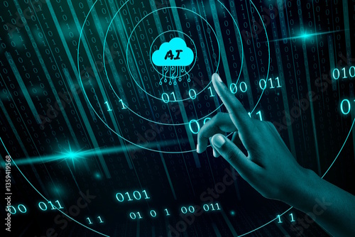 L'index d'une main d'une femme à la peau noire touche l'écran pour utiliser l'intelligence artificielle sur fond de données binaires 