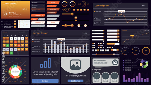 Set of modern interface elements for apps and websites: buttons, menus, graphs and charts for business, marketing and dashboards.