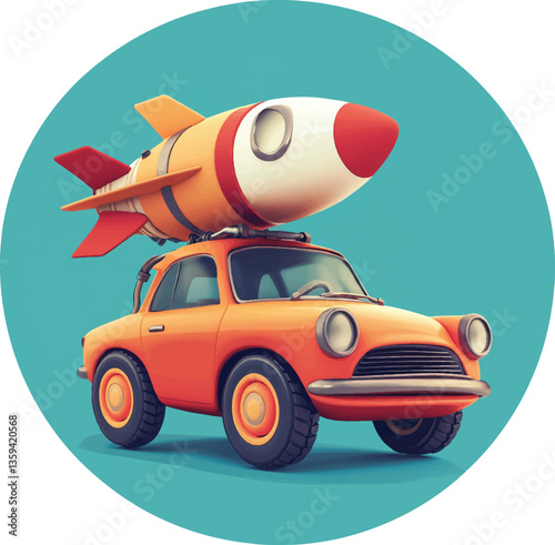 An isolated comical car with rocket on white background, Vector, PNG, T-shirt Design