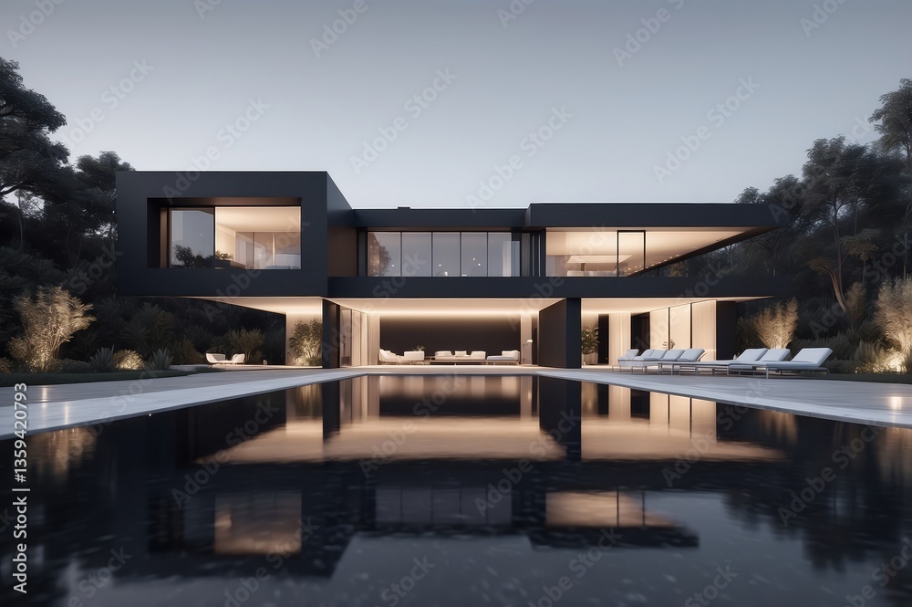 Obraz premium Modern black house with infinity pool at twilight.