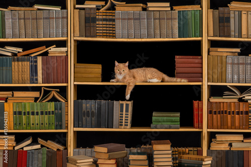 Canvas Print Stacks of many books, red cat lying on library shelves