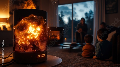 Emergency family gathering around a burning heater living room photography cozy evening intimate viewpoint