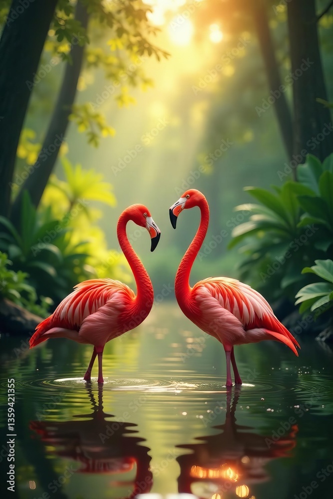 Fototapeta premium Vibrant flamingos wading in lush jungle under golden sunlight, lush, forest