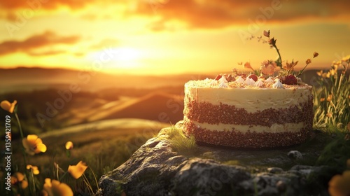 Golden Hour Celebration: A Tiered Cake by a Serene Lake
