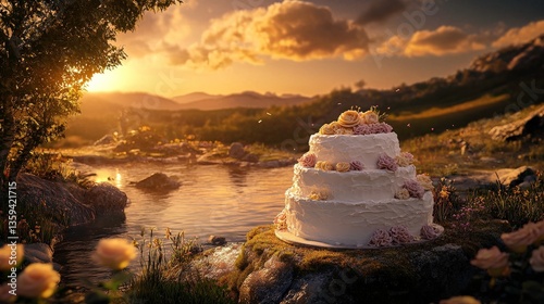 Golden Hour Celebration: A Tiered Cake by a Serene Lake