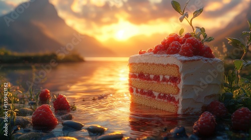 Golden Reflection: Raspberry Cake by a Sunset Lake